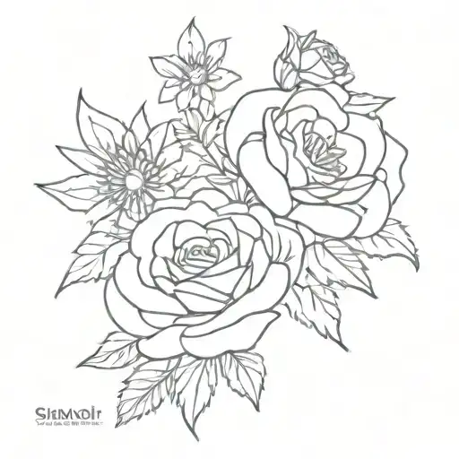 rose, aster, violet, chrysanthemum bouquet  tattoo design idea