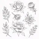 rose, aster, violet, chrysanthemum bouquet  tattoo design idea