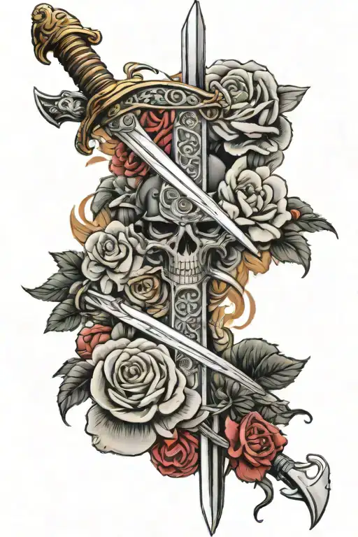 sword and roses tattoo design idea