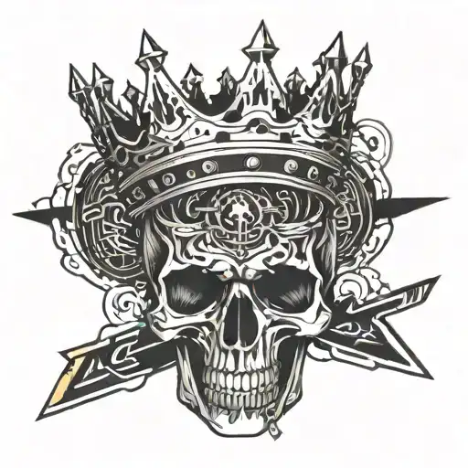 skull with crown written in a Band even  kings die tattoo design idea