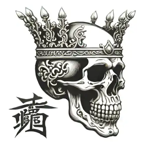 skull with crown written in a Band even  kings die tattoo design idea