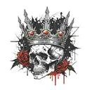 skull with crown written in a Band even  kings die tattoo design idea
