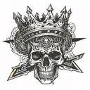 skull with crown written in a Band even  kings die tattoo design idea