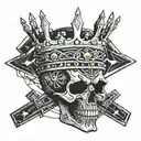 skull with crown written in a Band even  kings die tattoo design idea