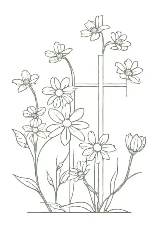 woden cross and daisy flowers  tattoo design idea