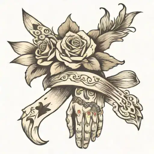 a ribboned bouquet of multiple limp, dead hands tattoo design idea
