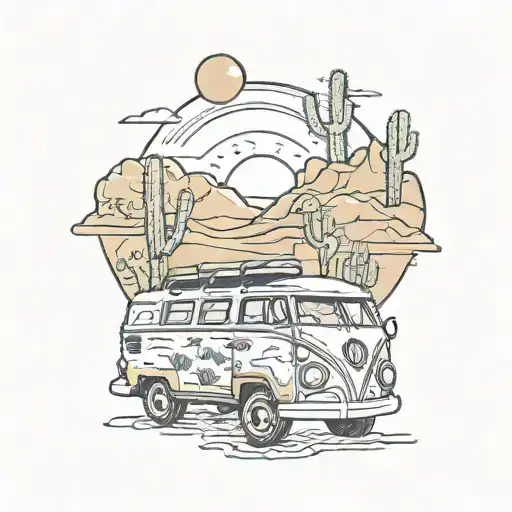 vw bus desert landscape filled with cacti tattoo design idea
