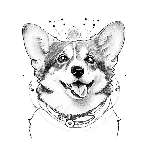 corgi black line outline with watercolors in the background tattoo design idea