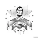A black-grey tattoo of Superman in a classic comic book pose, surrounded by thought bubbles filled with psychology concepts tattoo design idea