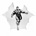 A black-grey tattoo of Superman in a classic comic book pose, surrounded by thought bubbles filled with psychology concepts tattoo design idea