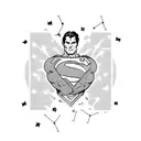 A black-grey tattoo of Superman in a classic comic book pose, surrounded by thought bubbles filled with psychology concepts tattoo design idea