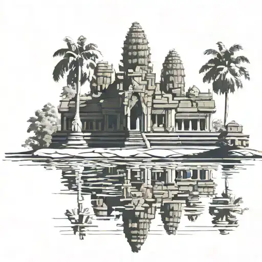Cambodia Angkor wat. It should be small and kinda like ezo drawing. Make it like levitating island. With some ezo draws tattoo design idea