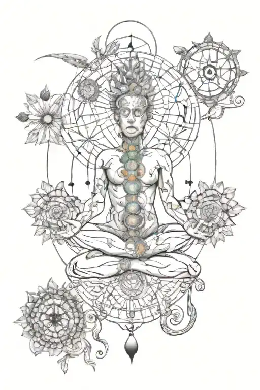 hermetic pricables with all the elements intertwined growing with the seven chakras tattoo design idea