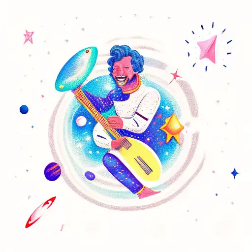 A cosmic guitar player jamming on a surfboard in outer space tattoo design idea