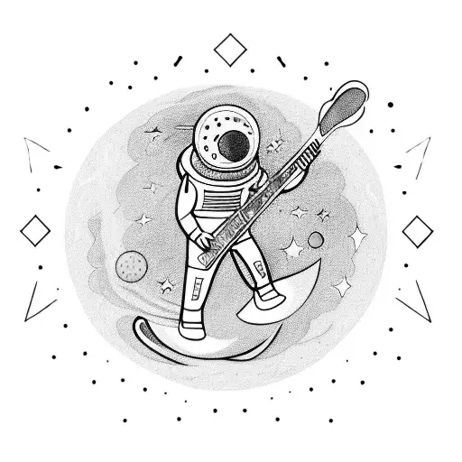 A cosmic guitar player jamming on a surfboard in outer space tattoo design idea
