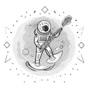 A cosmic guitar player jamming on a surfboard in outer space tattoo design idea