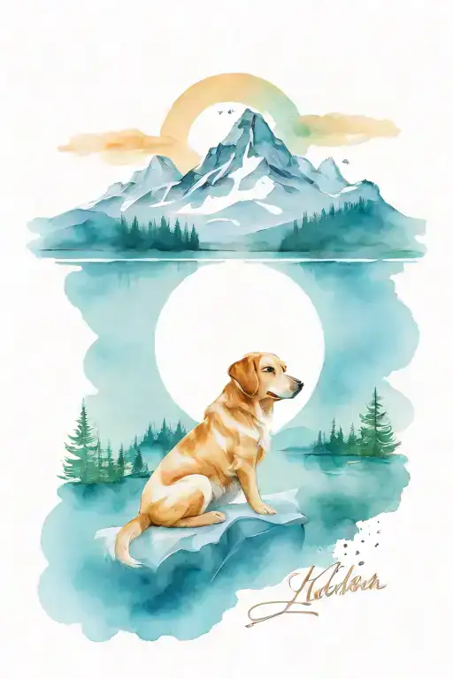 mountain lake and dog tattoo design idea