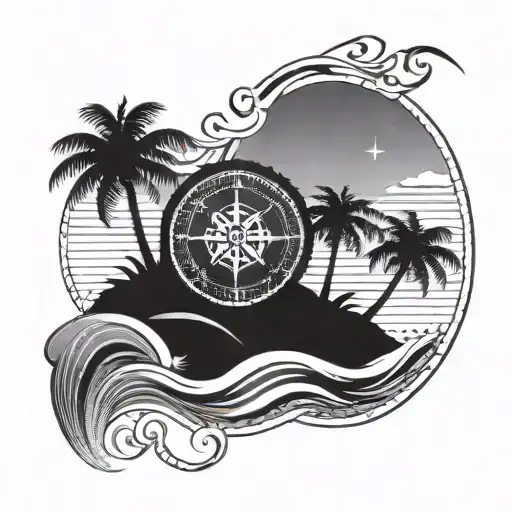 A serene beach scene with palm trees and waves, symbolizing the pura vida lifestyle, with a hidden compass rose for travel inspiration tattoo design idea