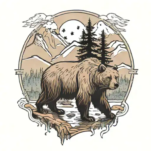 a mountain scene with a grizzly bear standing near a brook with trout in it with a wolf in the background while an eagle tattoo design idea