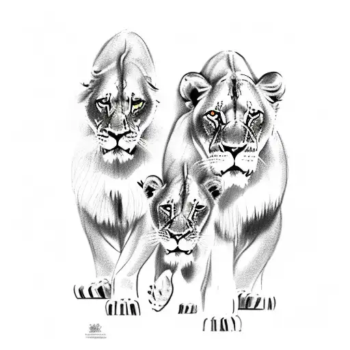 pride of 5 lions, mother father and 3 cubs 1 being very young  tattoo design idea