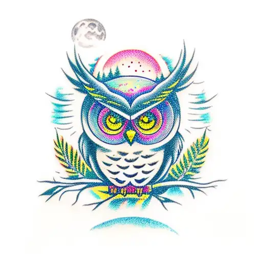 owl in a forest with moon behind, "Always seek enlightment" text around moon tattoo design idea