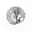 owl in a forest with moon behind, "Always seek enlightment" text around moon tattoo design idea