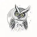 owl in a forest with moon behind, "Always seek enlightment" text around moon tattoo design idea