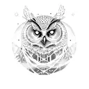 owl forest moon, "Always seek enlightment" text around moon tattoo design idea