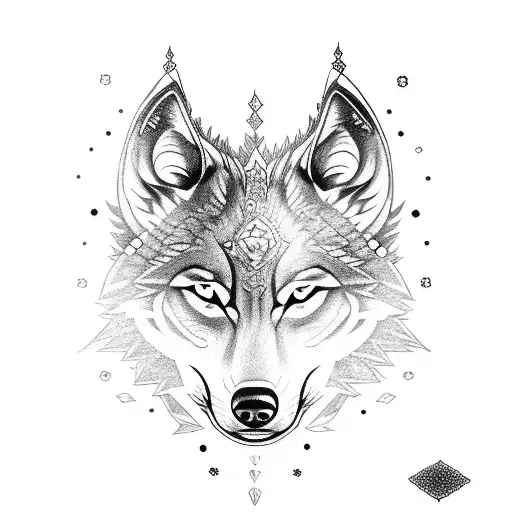 full sleeve with a wolf diamonds and daisies oni mask tattoo design idea