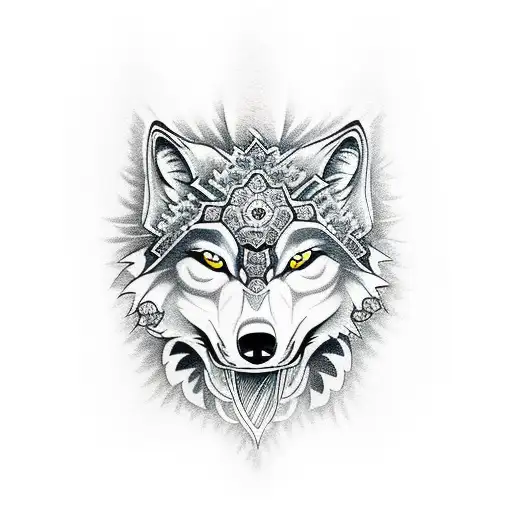 full sleeve with a wolf diamonds and daisies oni mask tattoo design idea