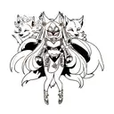 full sleeve with a wolf and diamonds and daisies and oni mask color tattoo design idea