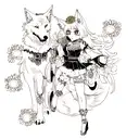full sleeve with a wolf and diamonds and daisies and oni mask color tattoo design idea