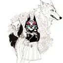full sleeve with a wolf and diamonds and daisies and oni mask color tattoo design idea