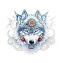 full sleeve with a wolf diamonds and daisies oni mask tattoo design idea