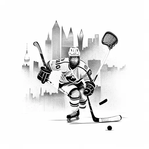 A hockey player scoring a goal in front of a skyline of Dallas, Texas tattoo design idea