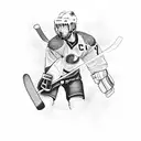 A hockey player scoring a goal in front of a skyline of Dallas, Texas tattoo design idea