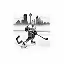 A hockey player scoring a goal in front of a skyline of Dallas, Texas tattoo design idea