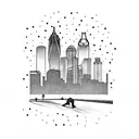 A hockey player scoring a goal in front of a skyline of Dallas, Texas tattoo design idea