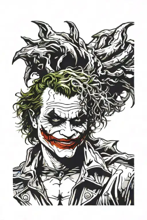 heath ledger joker half the face smiling the other half sad. add ha ha ha around the tattoo. add why so serious under it tattoo design idea