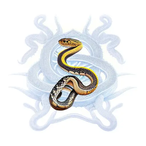 A snake coiling around a stack of ancient spellbooks, with each book's pages forming the pattern of polyhedral dice. tattoo design idea