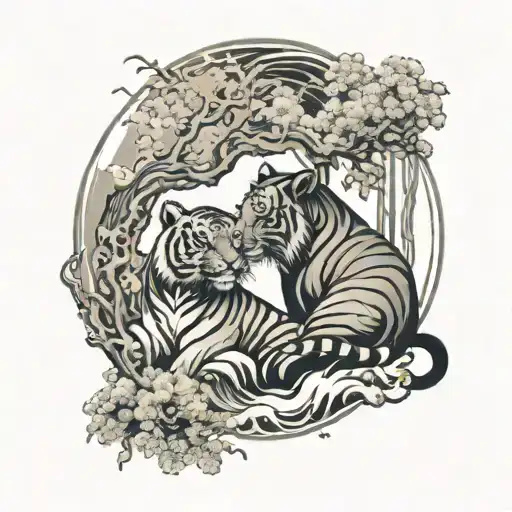 water ox wood tiger in love yin yang chinese landscape  tattoo design idea