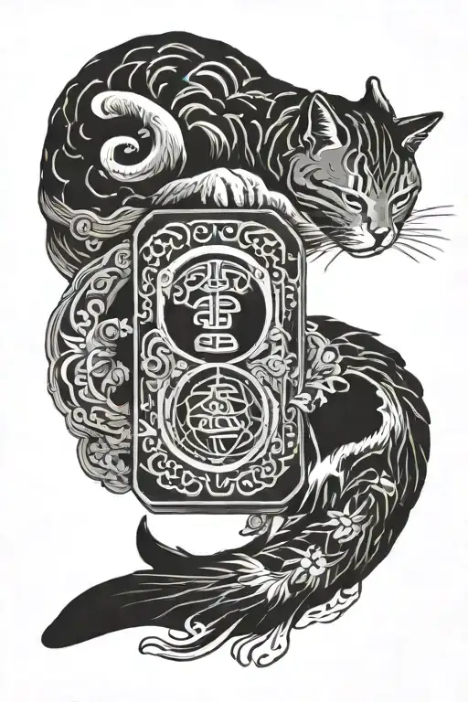 japanese omamori and cat sleeping tattoo design idea