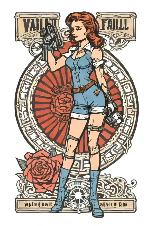 traditional style tattoo - vault dweller standing pinup girl from fallout - simplistic tattoo design idea