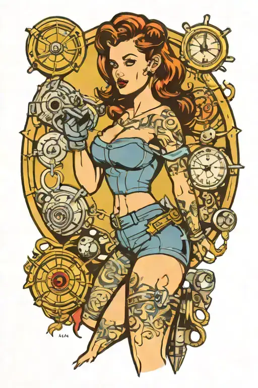 traditional style tattoo - vault dweller standing pinup girl from fallout  tattoo design idea