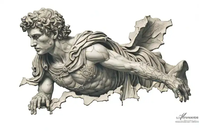 ancient Greek Roman statue of a young warrior, forgotten in time, cracks and missing pieces covered in ivory tattoo design idea