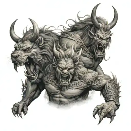 loin warrior fighting demons  tattoo design idea