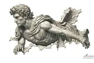 ancient Greek Roman statue of a young warrior, forgotten in time, cracks and missing pieces covered in ivory tattoo design idea