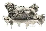 ancient Greek Roman statue of a young warrior, forgotten in time, cracks and missing pieces covered in ivory tattoo design idea