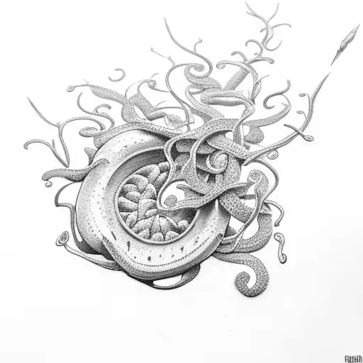 A dotwork tattoo of a carnivorous plant intertwined with a vine of sausages tattoo design idea