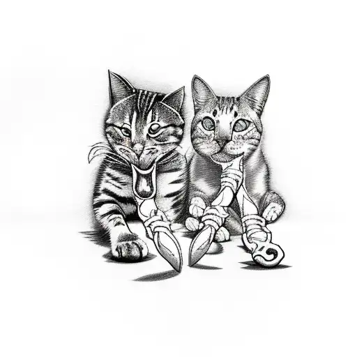 A sketch-style tattoo of a playful cat and dog sharing a meaty bone tattoo design idea